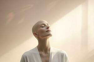 ai generado retrato de caucásico calvo chica, alopecia y cáncer conciencia foto