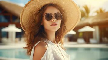 AI generated Beautiful caucasian woman relaxing at resort during vacation photo