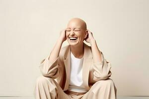 ai generado retrato de caucásico calvo mujer, alopecia y cáncer conciencia foto