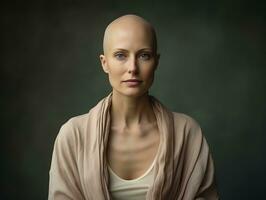 ai generado retrato de caucásico calvo mujer, alopecia y cáncer conciencia, Copiar espacio foto