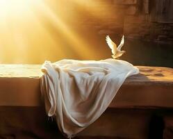 AI generated Resurrection Of Jesus Christ Concept. White Bird, Shroud And Crucifixion At Sunrise photo