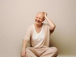 ai generado retrato de caucásico calvo mujer, alopecia y cáncer conciencia foto