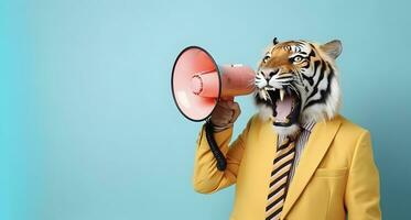 AI generated Tiger announcing using hand speaker. Notifying, warning, announcement. photo