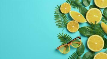 AI generated Orange slices, green leaves and sunglasses background with copy space photo