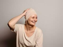 ai generado retrato de caucásico calvo mujer, alopecia y cáncer conciencia foto