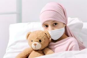 AI generated Cancer child patient under chemotherapy and teddy bear on the bed photo