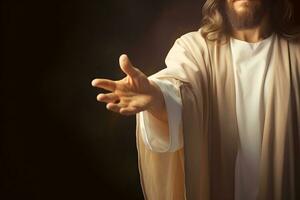 AI generated Jesus reaching out his hand against dark background photo