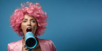 AI generated Girl shouting into loudspeaker on blue background. Advertising photo