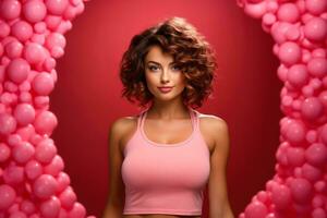 AI generated Image of a European cute girl with curly hair on a pink background. photo