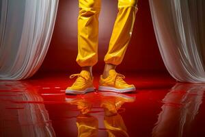 ai generado un hombre en amarillo cuero pantalones y zapatillas. foto