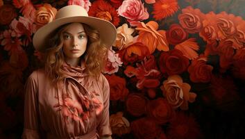 AI generated Woman in hat and pink dress poses near flowers. photo