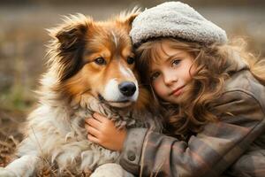 ai generado pequeño niña abrazando un perro. foto