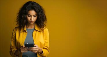 AI generated A photo portrait of a young African American girl with curly hair against a yellow background.