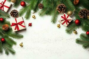 Christmas composition with gift boxes, card balls fir branches pine cones with copy space. Christmas by AI Generated photo