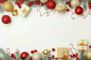 Christmas composition with gift boxes, card balls fir branches pine cones with copy space. Christmas by AI Generated photo