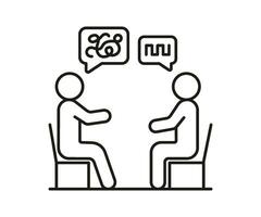 Psychologist and patient talk with speech bubble outline, therapy conversation two person, line sign. Dialog speak. Tangled mind and transcript. Vector illustration