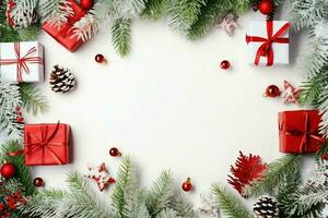 Christmas composition with gift boxes, card balls fir branches pine cones with copy space. Christmas by AI Generated photo