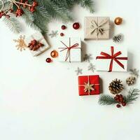 Christmas composition with gift boxes, card balls fir branches pine cones with copy space. Christmas by AI Generated photo