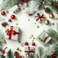 Christmas composition with gift boxes, card balls fir branches pine cones with copy space. Christmas by AI Generated photo