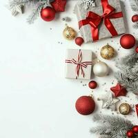 Christmas composition with gift boxes, card balls fir branches pine cones with copy space. Christmas by AI Generated photo