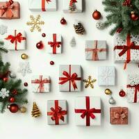 Christmas composition with gift boxes, card balls fir branches pine cones with copy space. Christmas by AI Generated photo