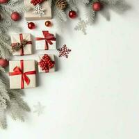 Christmas composition with gift boxes, card balls fir branches pine cones with copy space. Christmas by AI Generated photo