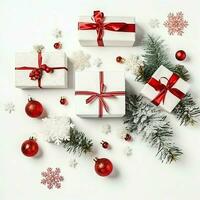 Christmas composition with gift boxes, card balls fir branches pine cones with copy space. Christmas by AI Generated photo