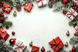 Christmas composition with gift boxes, card balls fir branches pine cones with copy space. Christmas by AI Generated photo