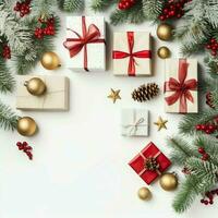 Christmas composition with gift boxes, card balls fir branches pine cones with copy space. Christmas by AI Generated photo