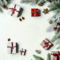 Christmas composition with gift boxes, card balls fir branches pine cones with copy space. Christmas by AI Generated photo