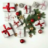 Christmas composition with gift boxes, card balls fir branches pine cones with copy space. Christmas by AI Generated photo