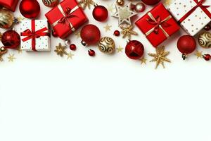 Christmas composition with gift boxes, card balls fir branches pine cones with copy space. Christmas by AI Generated photo