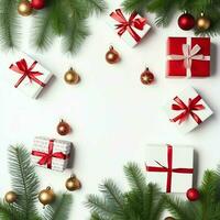 Christmas composition with gift boxes, card balls fir branches pine cones with copy space. Christmas by AI Generated photo