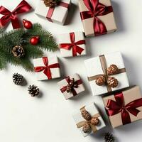 Christmas composition with gift boxes, card balls fir branches pine cones with copy space. Christmas by AI Generated photo