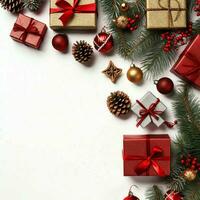 Christmas composition with gift boxes, card balls fir branches pine cones with copy space. Christmas by AI Generated photo