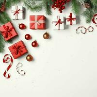 Christmas composition with gift boxes, card balls fir branches pine cones with copy space. Christmas by AI Generated photo