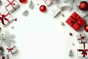 Christmas composition with gift boxes, card balls fir branches pine cones with copy space. Christmas by AI Generated photo