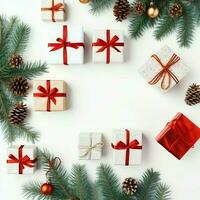 Christmas composition with gift boxes, card balls fir branches pine cones with copy space. Christmas by AI Generated photo