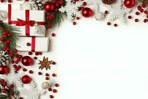 Navidad composición con regalo cajas, tarjeta pelotas abeto ramas pino conos con Copiar espacio. Navidad por ai generado foto