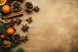 Navidad composición con regalo cajas, tarjeta pelotas abeto ramas pino conos con Copiar espacio. Navidad por ai generado foto