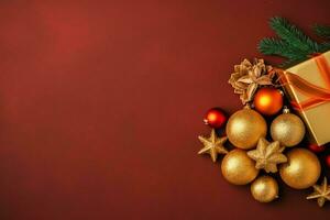 Christmas composition with gift boxes, card balls fir branches pine cones with copy space. Christmas by AI Generated photo