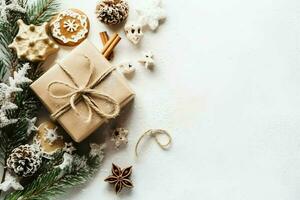 Christmas composition with gift boxes, card balls fir branches pine cones with copy space. Christmas by AI Generated photo