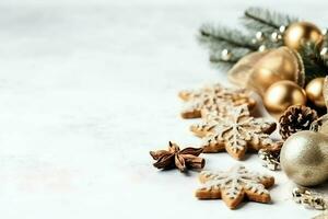 Christmas composition with gift boxes, card balls fir branches pine cones with copy space. Christmas by AI Generated photo