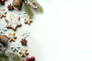 Christmas composition with gift boxes, card balls fir branches pine cones with copy space. Christmas by AI Generated photo