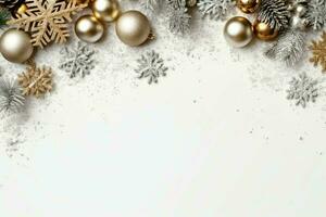 Christmas composition with gift boxes, card balls fir branches pine cones with copy space. Christmas by AI Generated photo