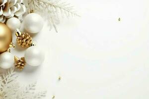 Christmas composition with gift boxes, card balls fir branches pine cones with copy space. Christmas by AI Generated photo