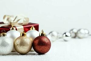 Christmas composition with gift boxes, card balls fir branches pine cones with copy space. Christmas by AI Generated photo