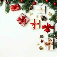 Navidad composición con regalo cajas, tarjeta pelotas abeto ramas pino conos con Copiar espacio. Navidad por ai generado foto