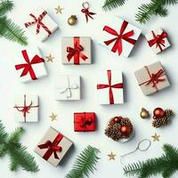 Christmas composition with gift boxes, card balls fir branches pine cones with copy space. Christmas by AI Generated photo