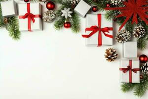 Christmas composition with gift boxes, card balls fir branches pine cones with copy space. Christmas by AI Generated photo